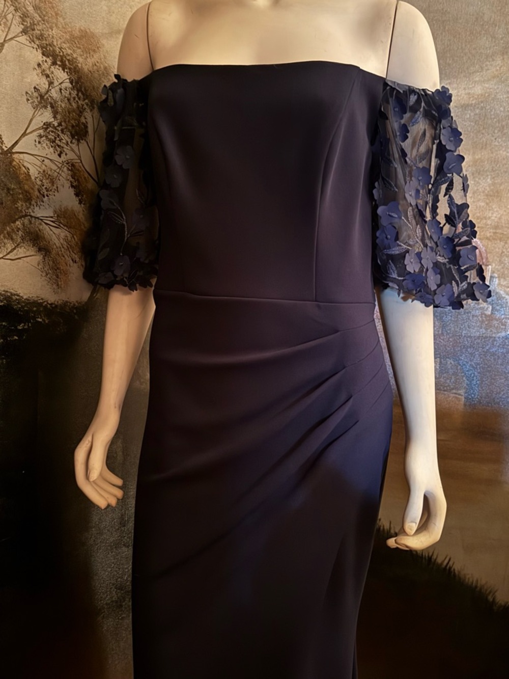 Xscape Navy Blue Evening Prom Dress with Floral Sleeve Detail
